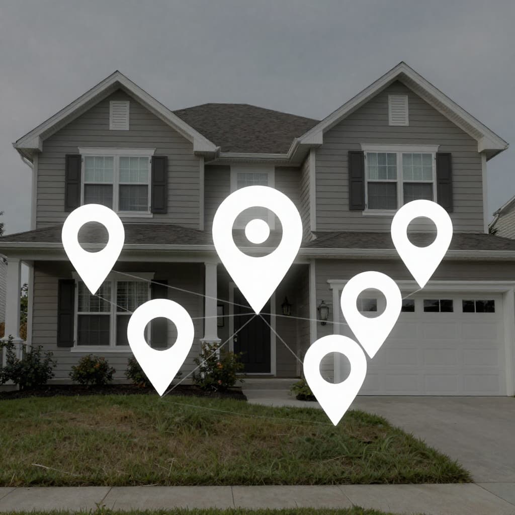 Illustrative gutter technician at a residential roofline